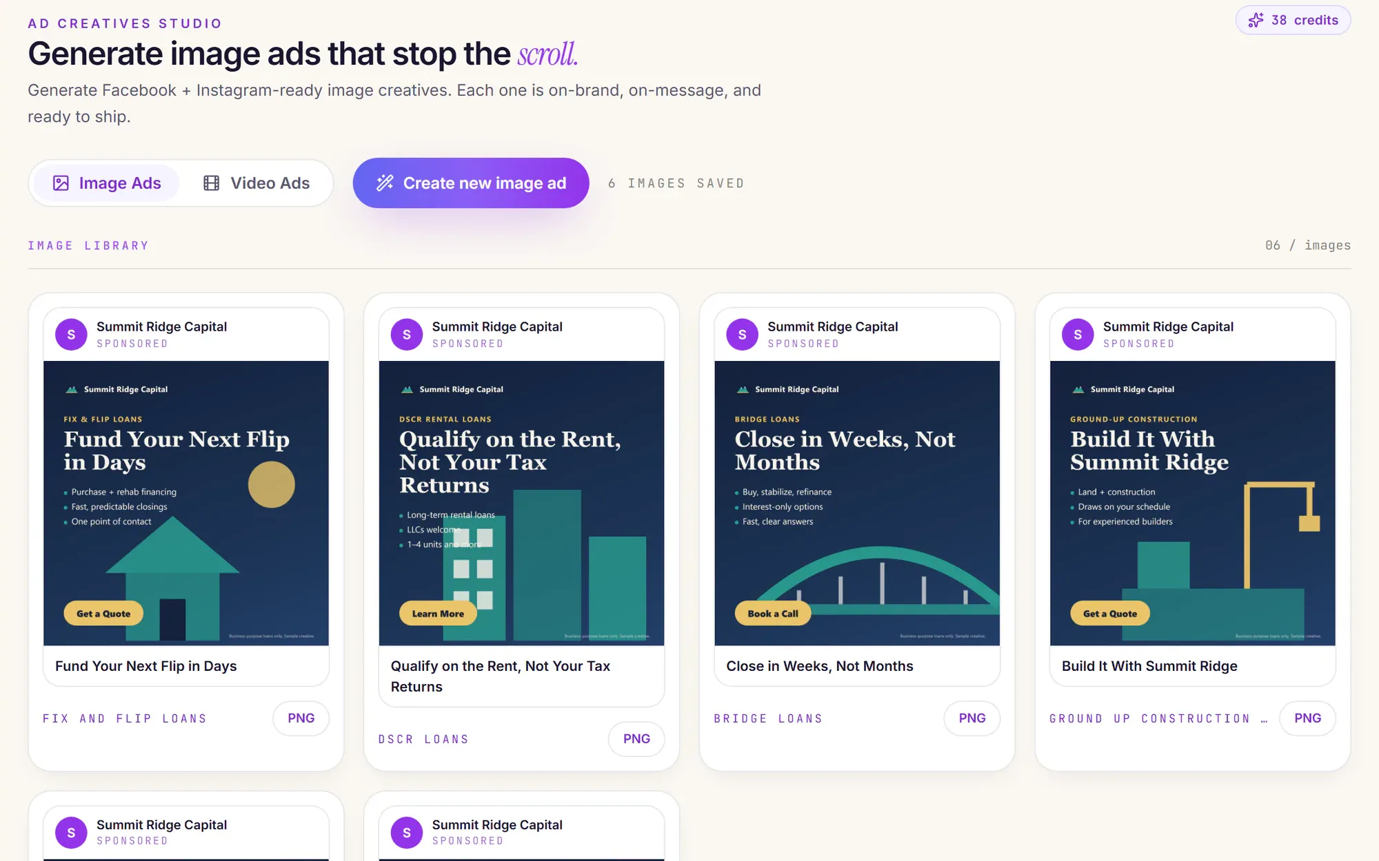Relip Ad Creatives: the sample brokerage's image ads for fix and flip, DSCR, bridge and ground-up loans, each shown in a Facebook post frame