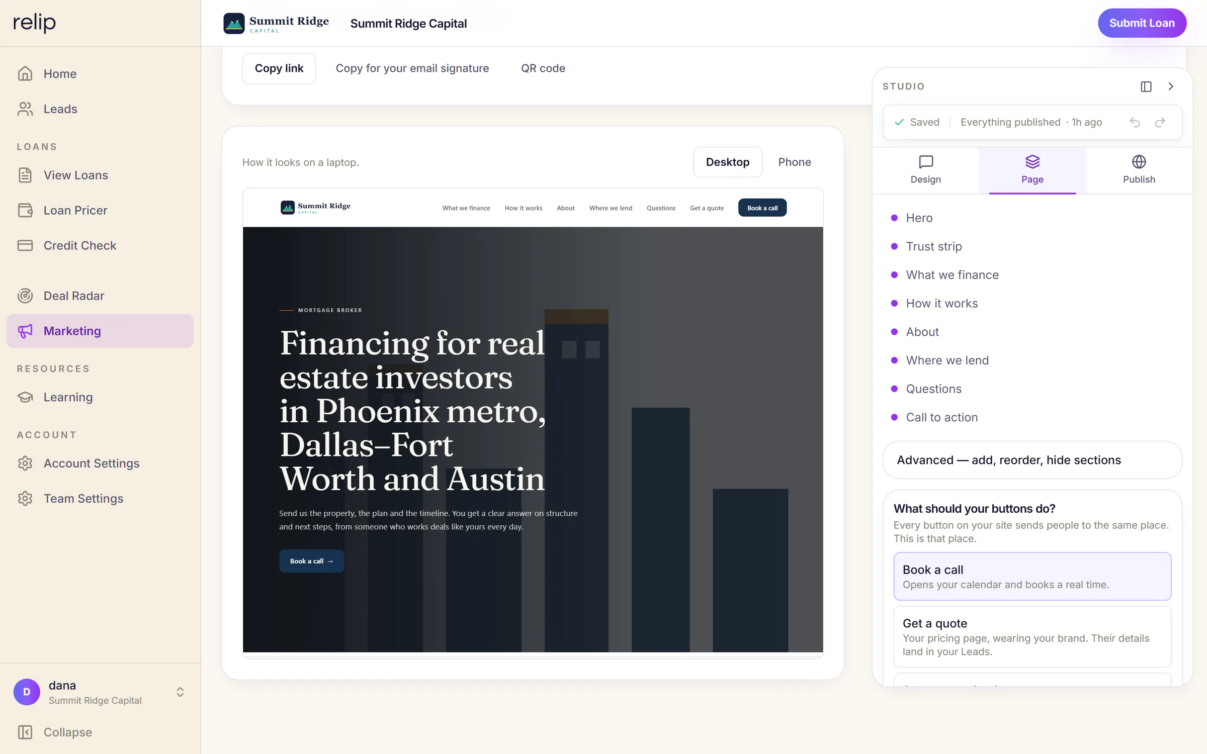 Relip website studio: the sample brokerage's published site in a desktop preview, with the Studio panel listing each page section and the setting for what the site's buttons do